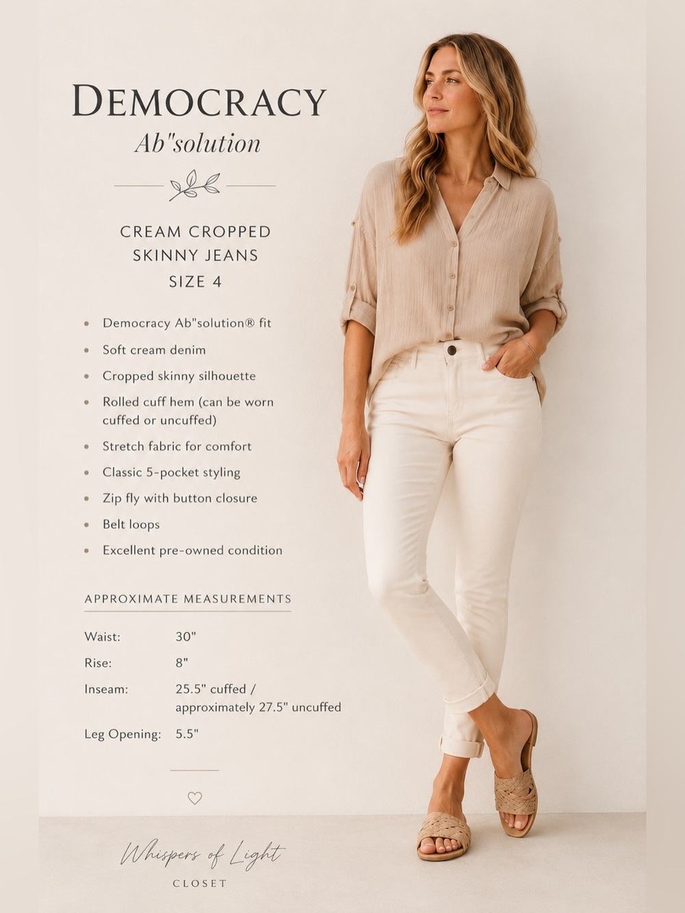 Democracy Ab”solution Cream Cropped Skinny Jeans Size 4 Stretch Cuffed